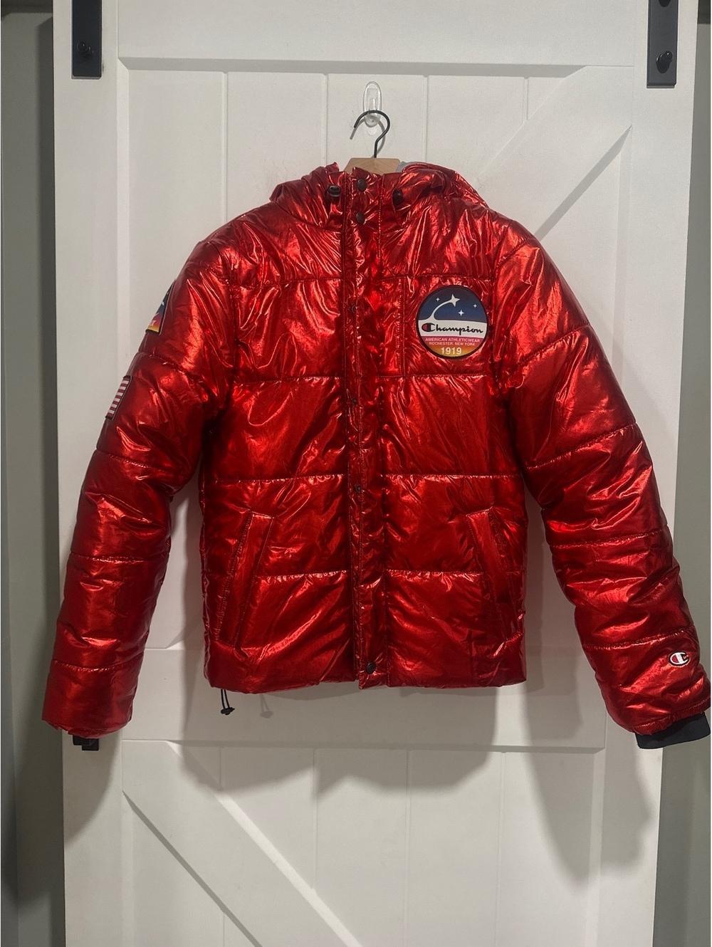 Champion Red Metallic Shiny Foil Puffer Jacket, XS